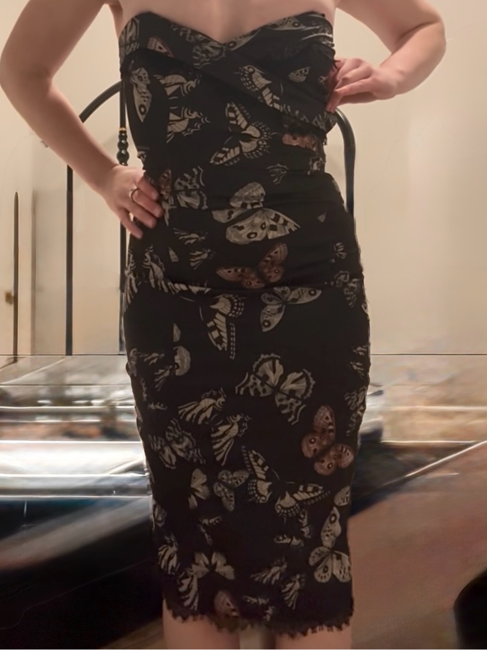 Karen Millen Black Strapless Butterfly-Print Tube Dress